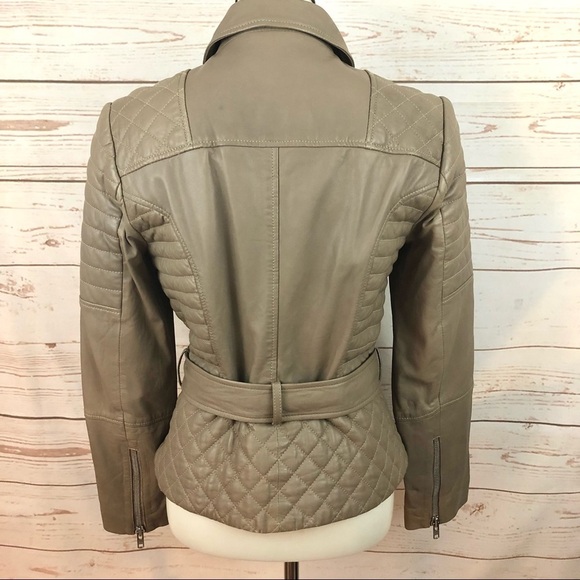 Vintage Cache Taupe Quilted Genuine Leather Beige Belted Moto Jacket - Picture 6 of 11